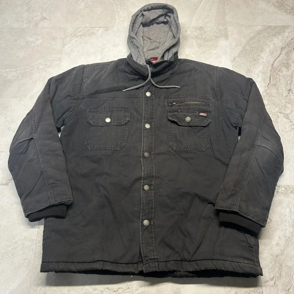 Genuine Dickies Hooded Work Jacket Black Canvas Men Medium Quilted Lined Coat